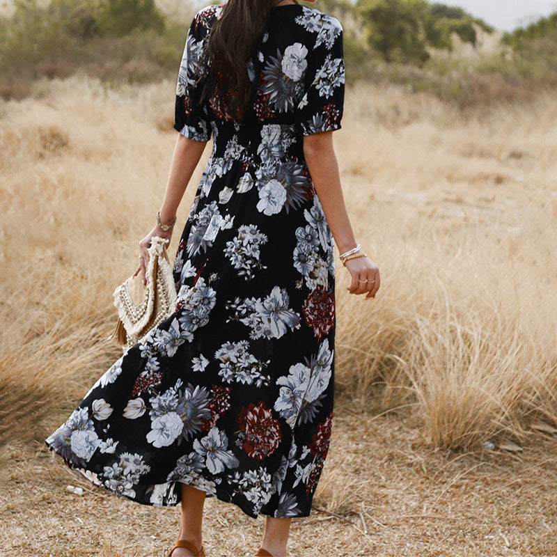 Floral Summer V Neck Elastic Waist Dress For Women