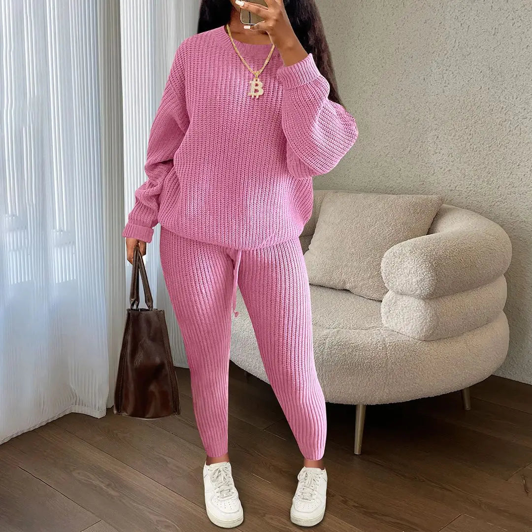 Women's Two-Piece Round Neck Knitted Sweater and Pants Set