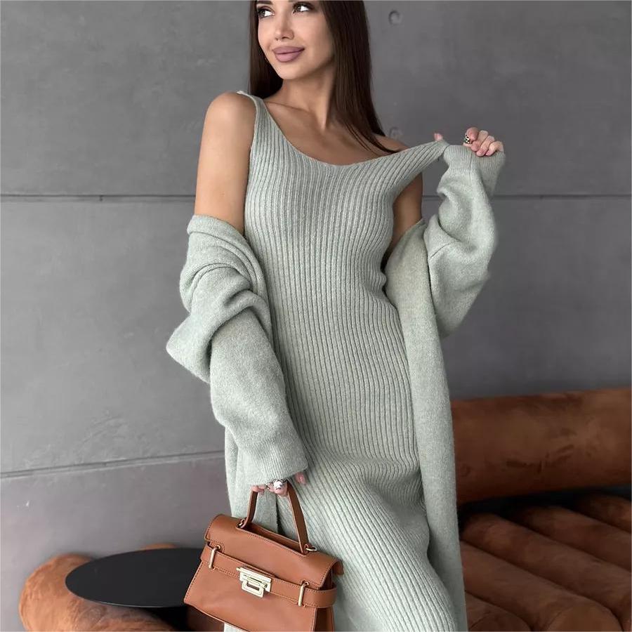 Casual Two-Piece Slim Sleeveless V-Neck Long Dress and a Loose Cardigan For Women