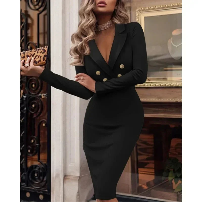 Elegant Women Solid V-Neck Double Breasted Long Sleeve Dress