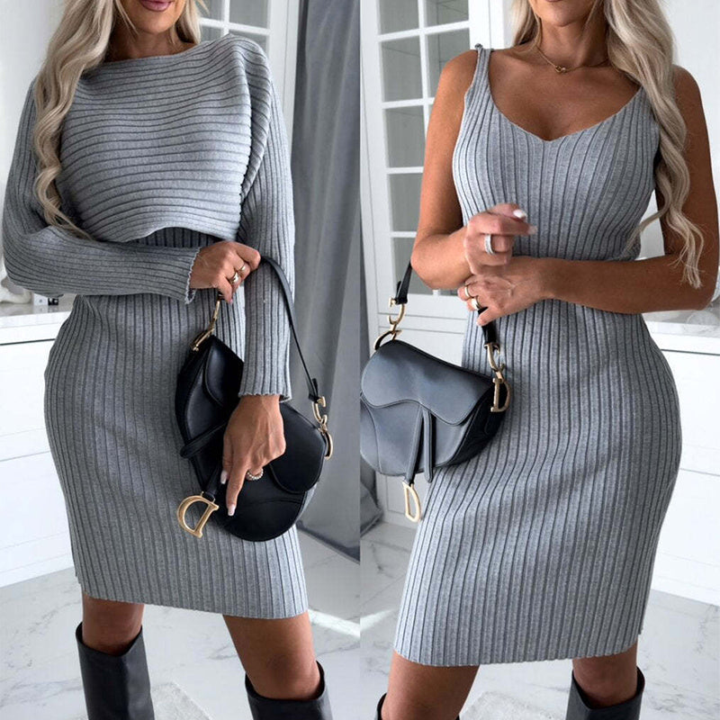 Cozy Ribbed Knit Sleeveless Sweater Dress, Ribbed Buttonless Long Sleeve Jacket and Ribbed Flowy Midi Skirt