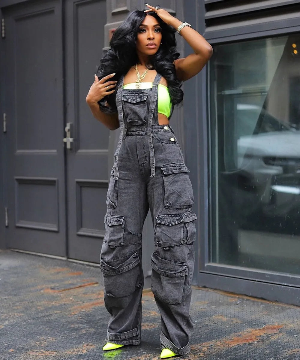 Fashion Cargo Denim Jumpsuits Women Wide Leg Overalls Loose Strap Jean