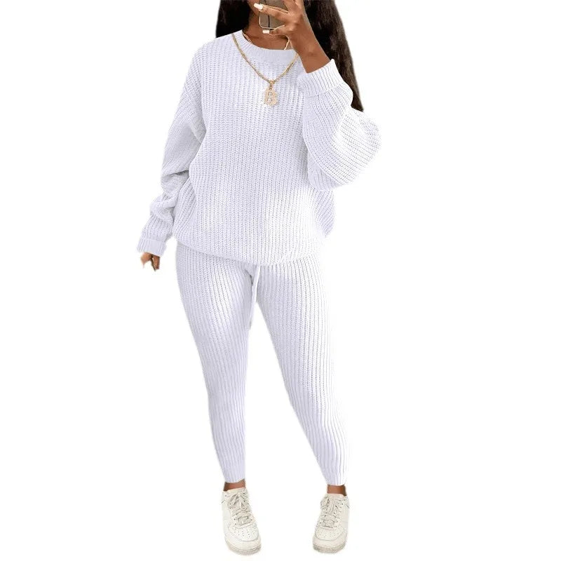 Women's Two-Piece Round Neck Knitted Sweater and Pants Set