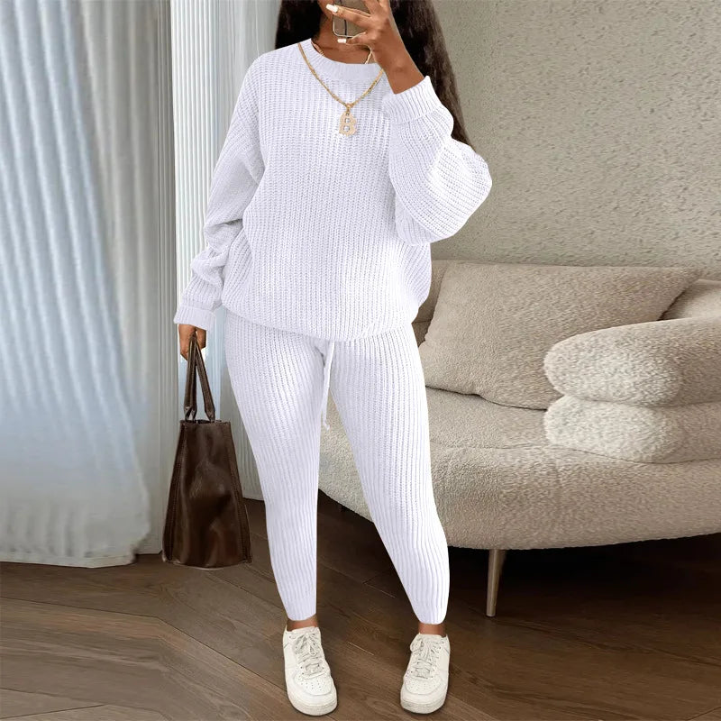 Women's Two-Piece Round Neck Knitted Sweater and Pants Set