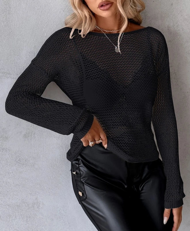 Women's Loose Fit Sexy Pearls Strap Twisted Knit Sheer Long Sleeve Backless Top