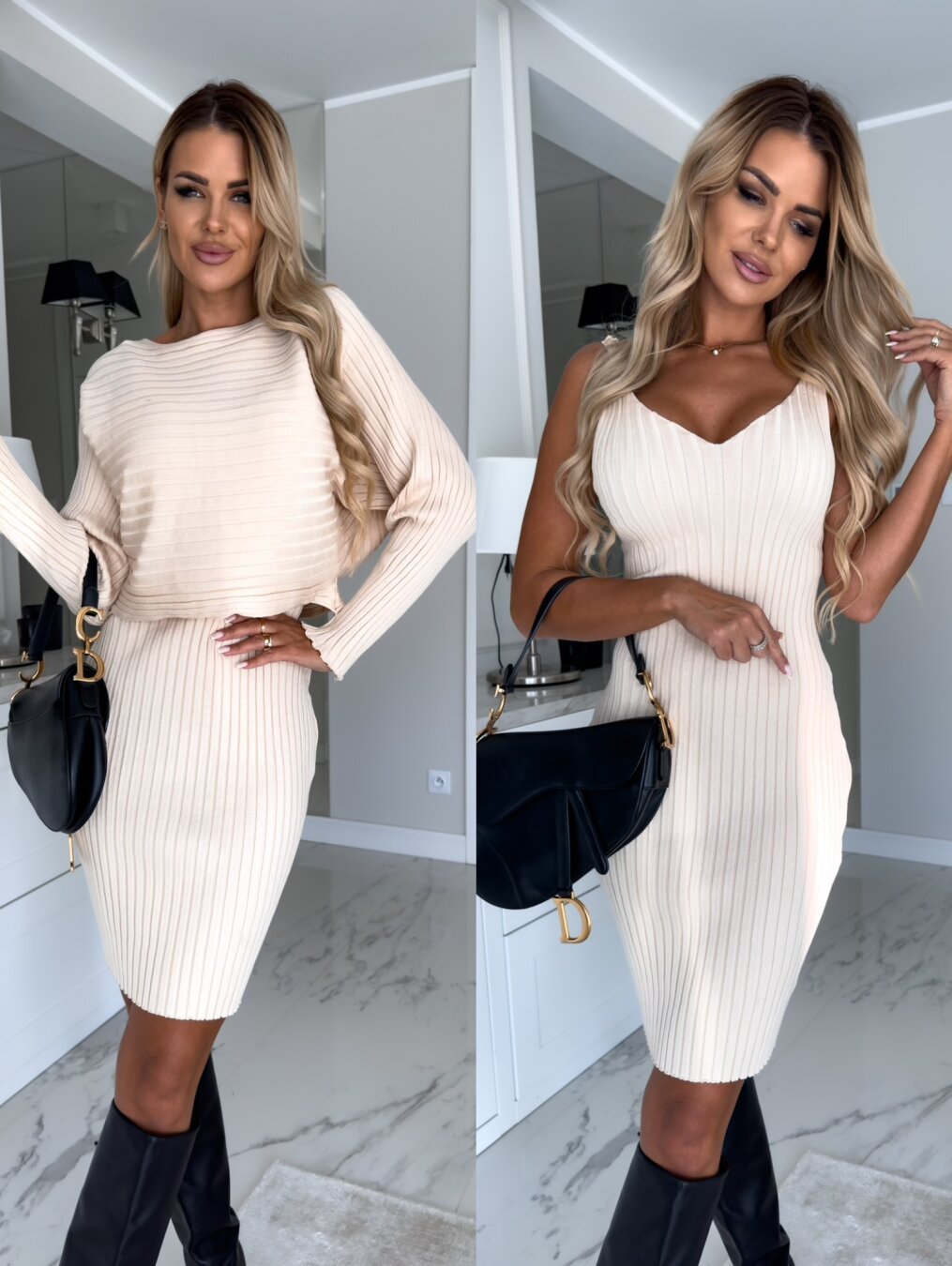 Cozy Ribbed Knit Sleeveless Sweater Dress, Ribbed Buttonless Long Sleeve Jacket and Ribbed Flowy Midi Skirt