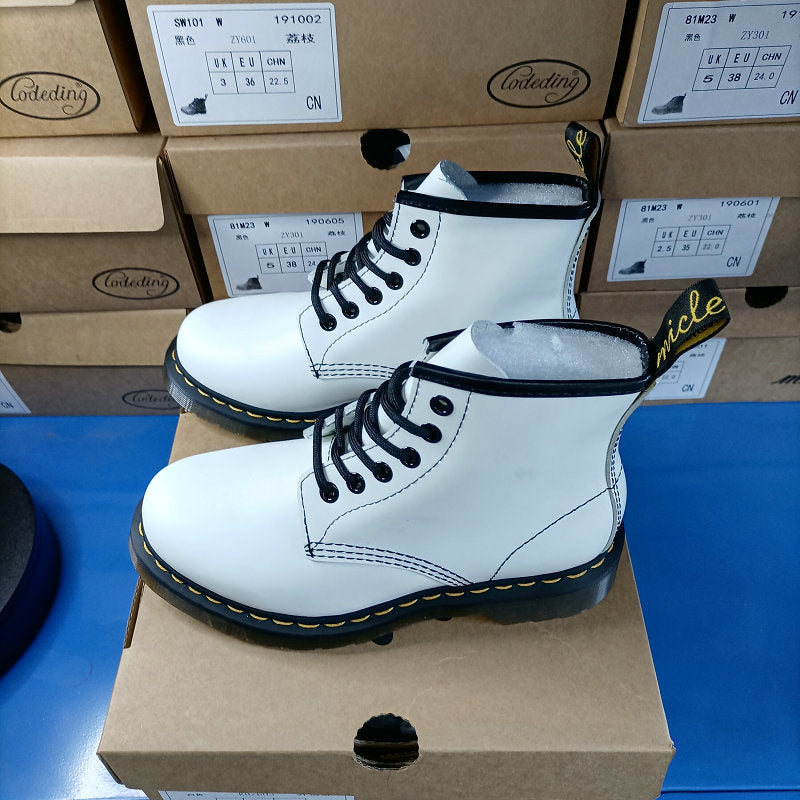 White Hard Leather British Style Short Boots Martin Boots High Top