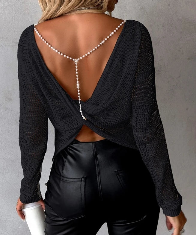 Women's Loose Fit Sexy Pearls Strap Twisted Knit Sheer Long Sleeve Backless Top