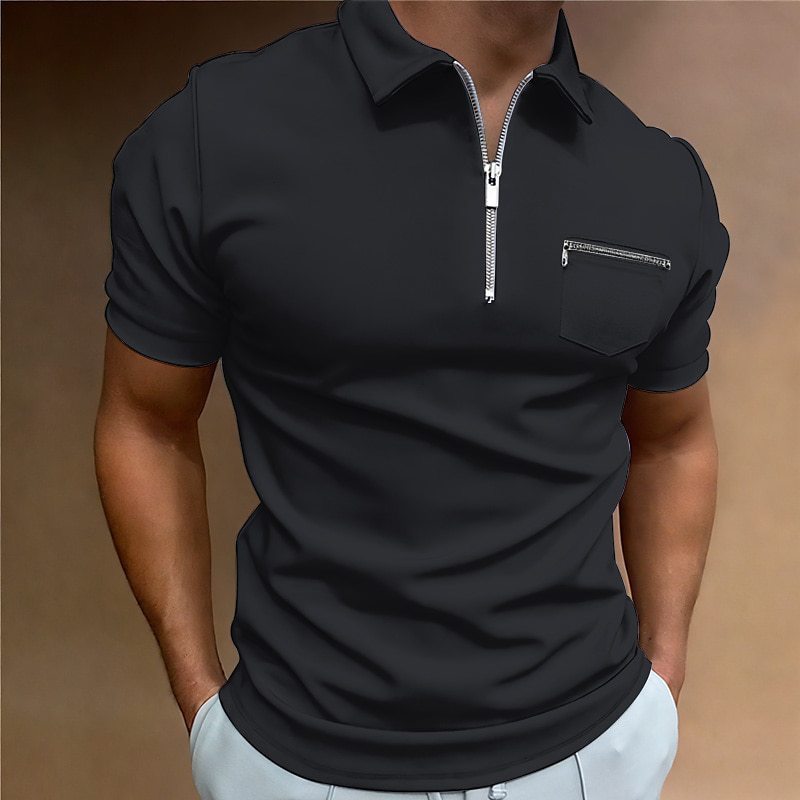 Summer Men's Solid Color Pocket Short Sleeve Lapel T-shirt