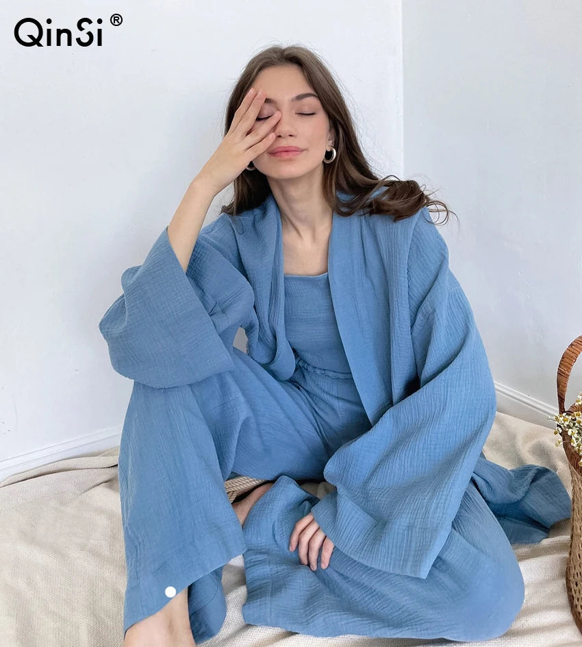 100% Cotton Loungewear With Bathrobe Women's Set