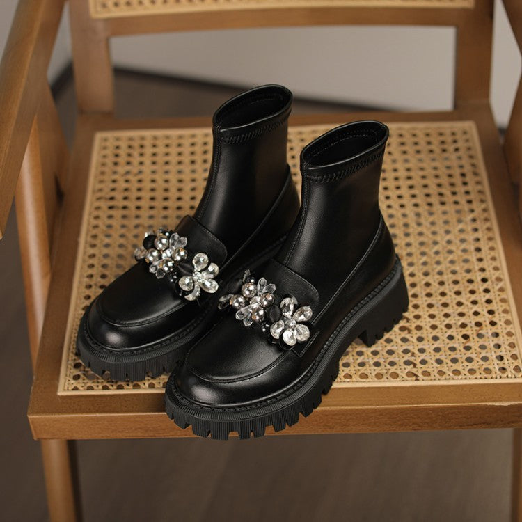 Round Toe Rhinestone Flower Elastic Boots Boots Women's Shoes