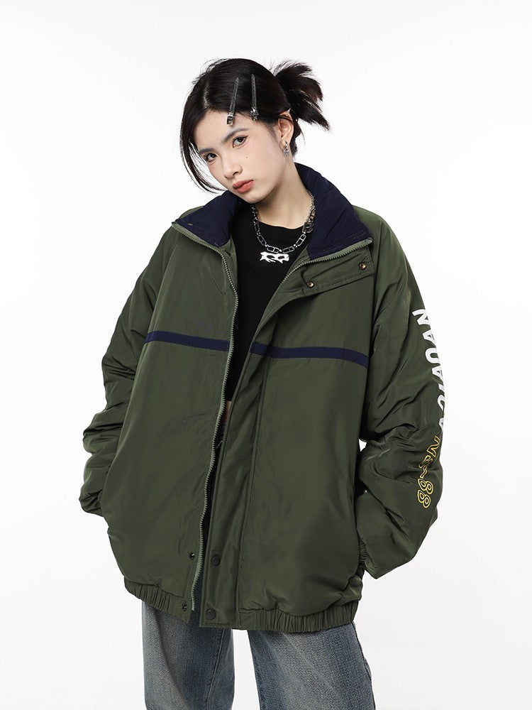 Women's Army Green Stand Collar Workwear Cotton Padded Jackets Retro Loose