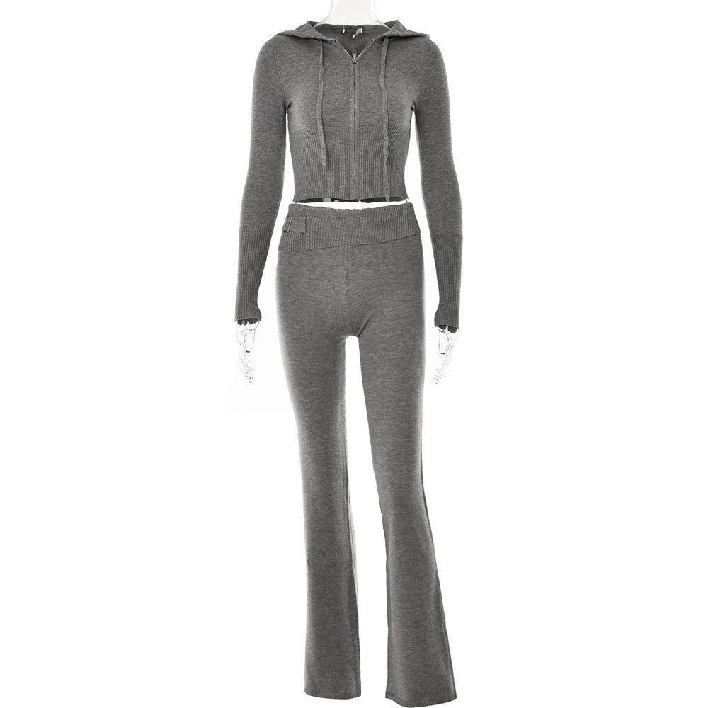 Chic Knitted Long Sleeve Hooded Waist Slim Fit Wide Leg Two-Piece Suit For Women