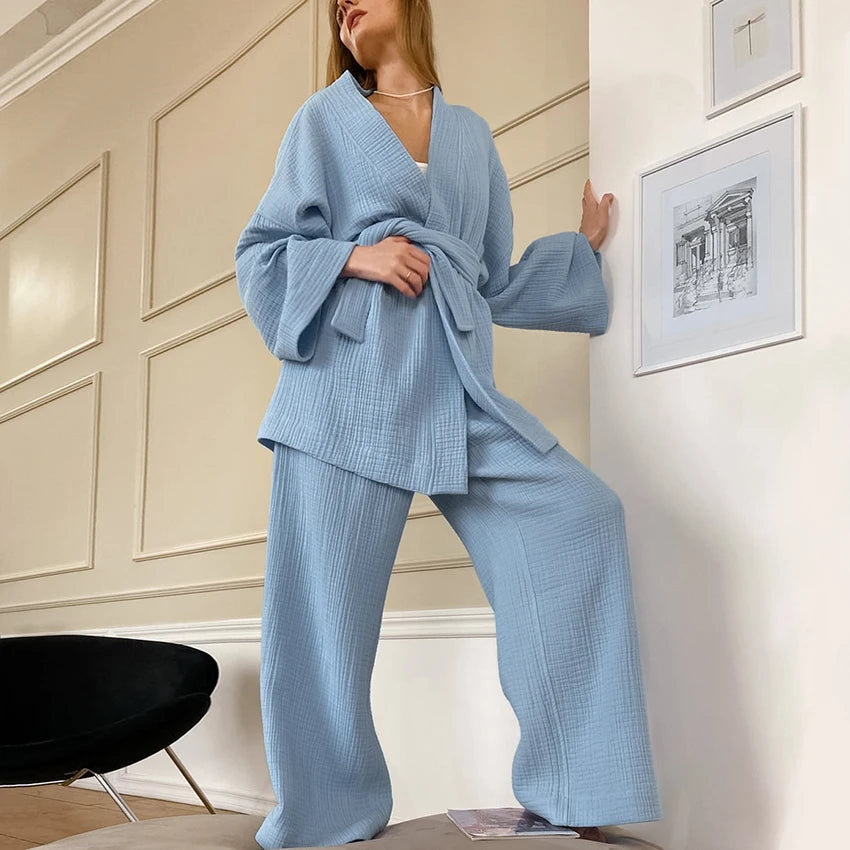 100% Cotton Loungewear With Bathrobe Women's Set