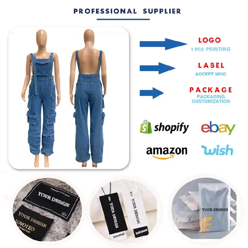 Fashion Cargo Denim Jumpsuits Women Wide Leg Overalls Loose Strap Jean