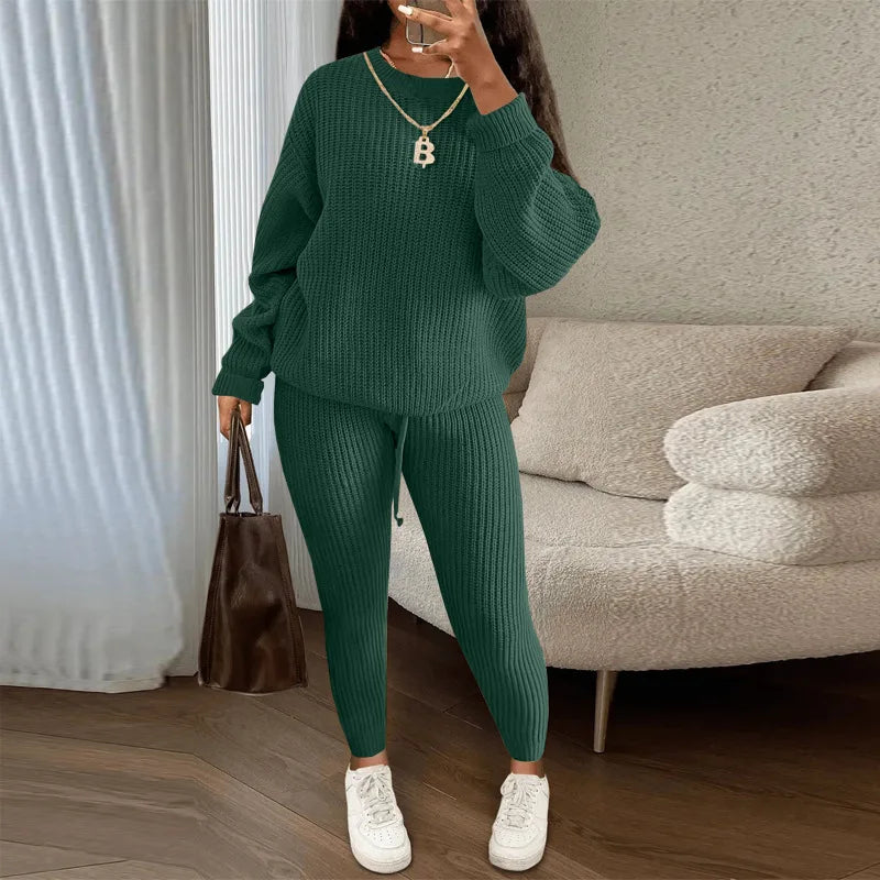 Women's Two-Piece Round Neck Knitted Sweater and Pants Set