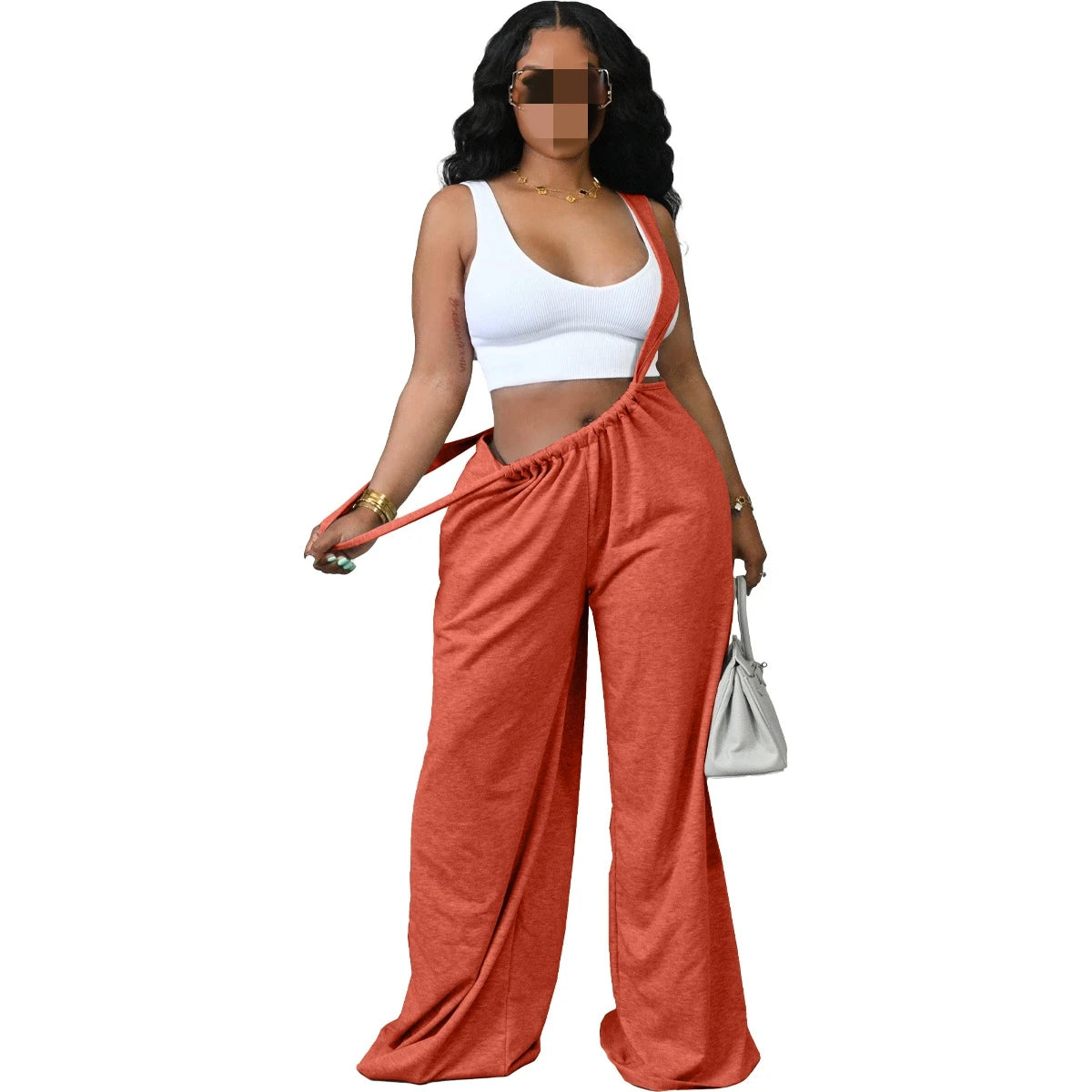 Women's Baggy Fit Backless Wide Leg Strap Long Pants Jumpsuit